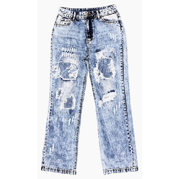 Flamingo Ripped High-Rise Straight Leg Light Wash Jeans Women's Large - Picture 1 of 6